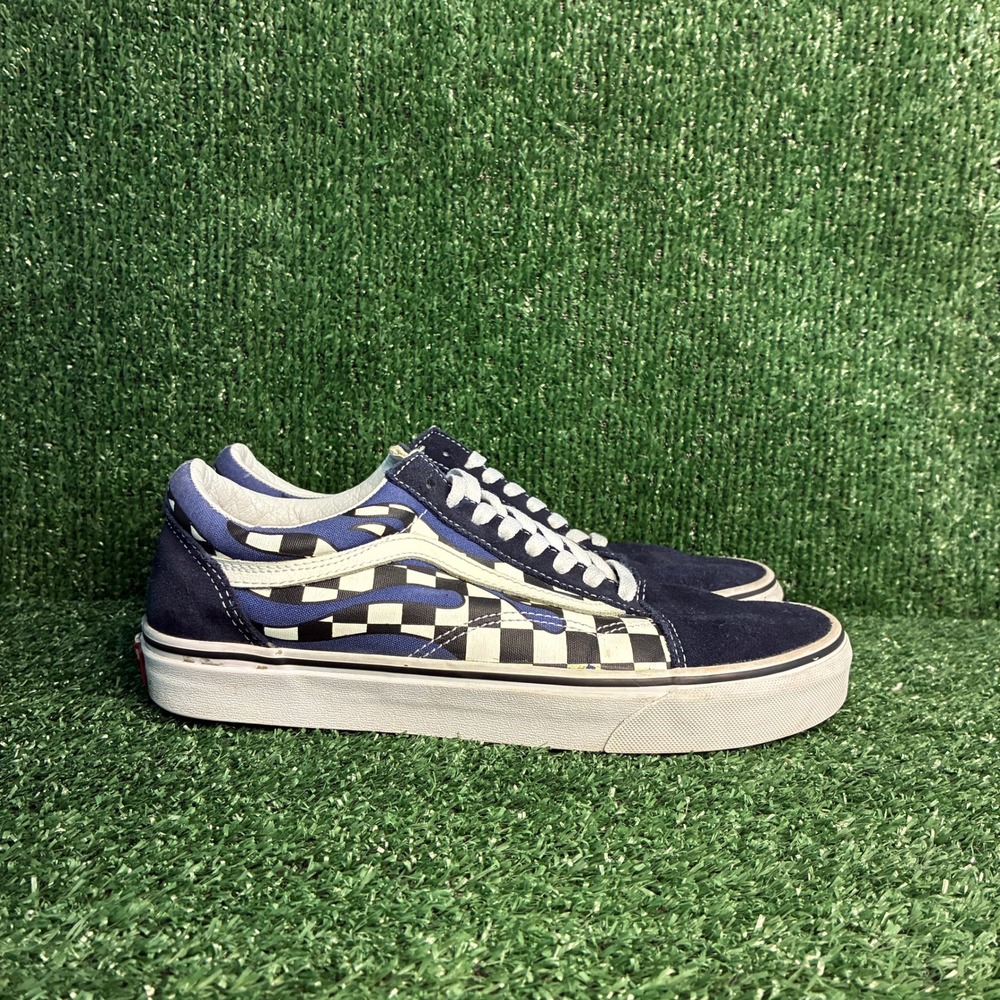 Vans Old Skool Checker Flame Suede Skate Sneakers Navy Blue Mens 8.5 Womens 10